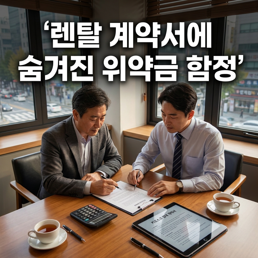 렌탈 계약서 위약금 함정을 경고하는 상담 데스크 장면