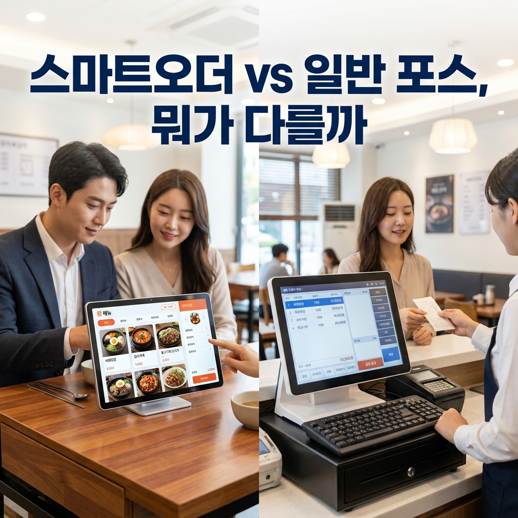 스마트오더와 일반 포스 차이를 설명하는 매장 테이블 장면